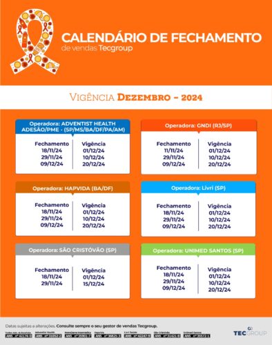 Calendário de Fechamento Tecgroup – Dezembro 2024:  Informações Essenciais para Corretores de Planos de Saúde